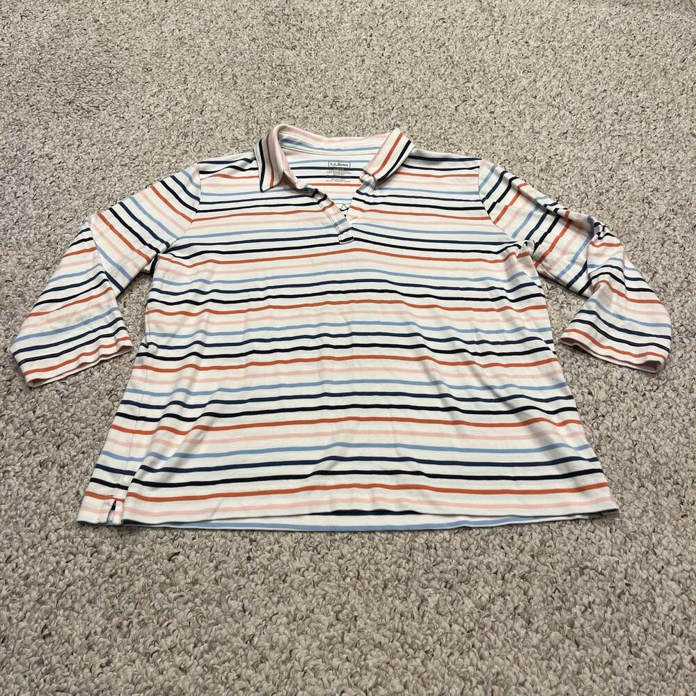 LL Bean Pima Cotton Stripe Polo Shirt L 3/4 Sleeve Preppy Casual Classic Coastal